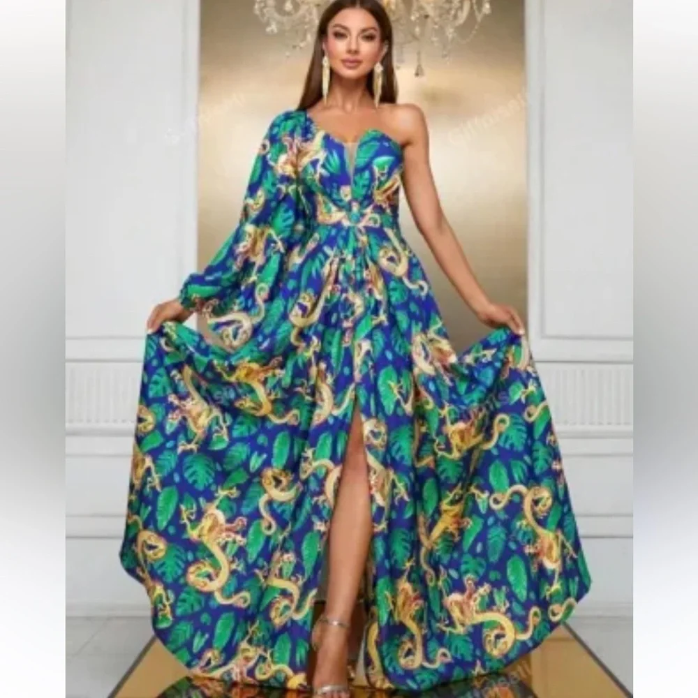 New Giffniseti Dragon Shoulder Bridesmaid Maxi Dress Gown Kimono Blue Orange - Picture 2 of 15
